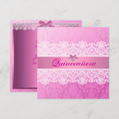 Roze Damask Quinceanera Verjaardagsuitnodiging Kaart (Voorkant / Achterkant)