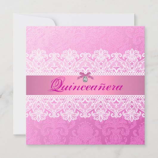 Roze Damask Quinceanera Verjaardagsuitnodiging Kaart (Voorkant)
