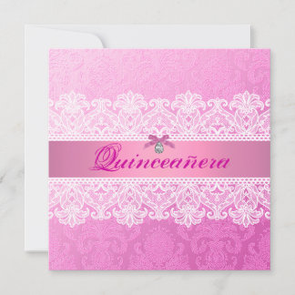 Roze Damask Quinceanera Verjaardagsuitnodiging Kaart