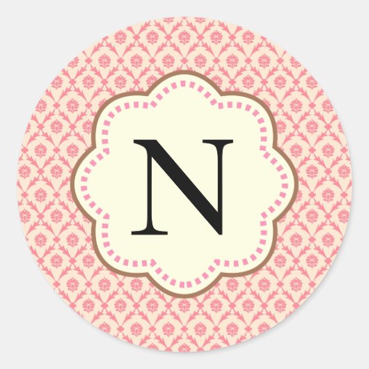 Roze Damask Ronde Sticker (Voorkant)