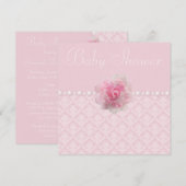  Roze Damask, Roos & Parels Baby shower Kaart (Voorkant / Achterkant)