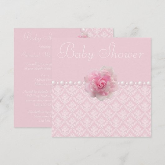  Roze Damask, Roos & Parels Baby shower Kaart (Voorkant / Achterkant)