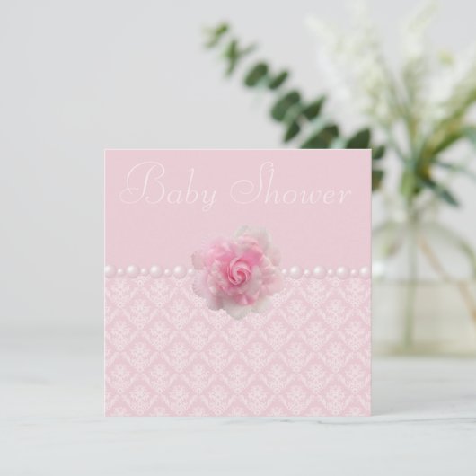  Roze Damask, Roos & Parels Baby shower Kaart (Staand voorkant)