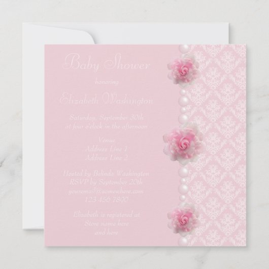  Roze Damask, Roos & Parels Baby shower Kaart (Achterkant)