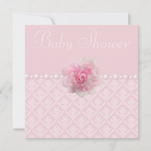  Roze Damask, Roos & Parels Baby shower Kaart (Voorkant)