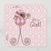 Roze Damask Roze Bruin Baby Meisje Douche Kaart (Voorkant / Achterkant)