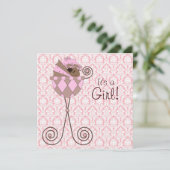 Roze Damask Roze Bruin Baby Meisje Douche Kaart (Staand voorkant)