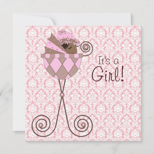 Roze Damask Roze Bruin Baby Meisje Douche Kaart (Voorkant)