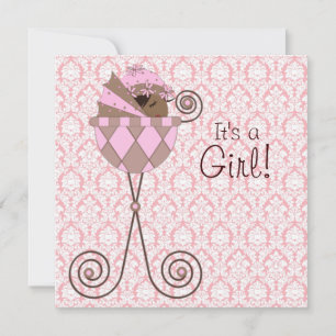 Roze Damask Roze Bruin Baby Meisje Douche Kaart