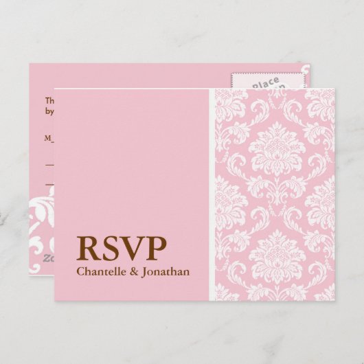 Roze Damask RSVP Briefkaart (Voorkant / Achterkant)