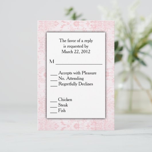 Roze Damask RSVP met menukeuze (Staand voorkant)