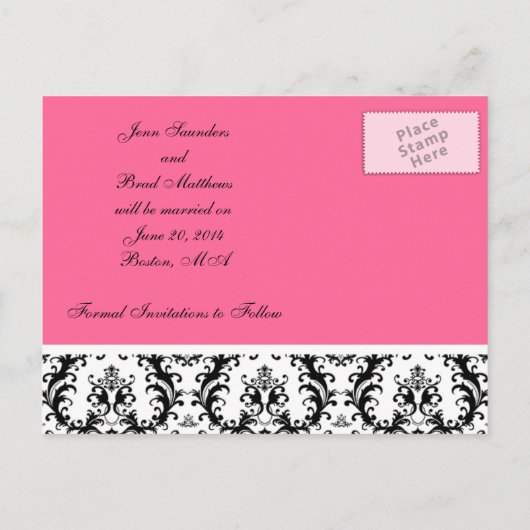 Roze Damask Save the Date Briefkaarten Wedding (Achterkant)