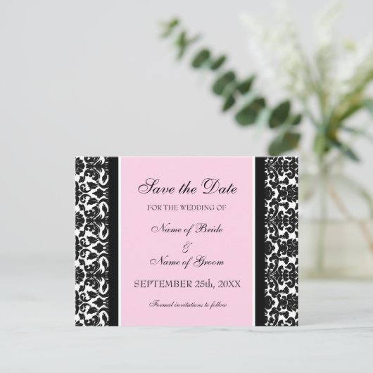 Roze Damask Save the Date Wedding Briefkaarten (Staand voorkant)