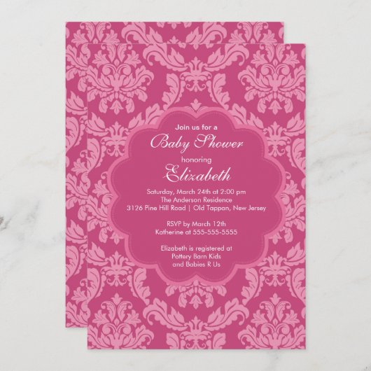 Roze Damask Spring Baby shower Uitnodiging (Voorkant / Achterkant)