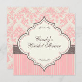 Roze Damask & Stripe Bridal Shower Invitation Kaart (Voorkant / Achterkant)