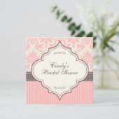 Roze Damask & Stripe Bridal Shower Invitation Kaart (Staand voorkant)