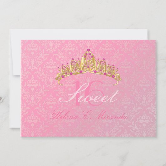 Roze Damask Sweet 16/ tiara/ uitnodigingen (Voorkant)