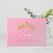Roze Damask Sweet 16/ tiara/ uitnodigingen (Staand voorkant)