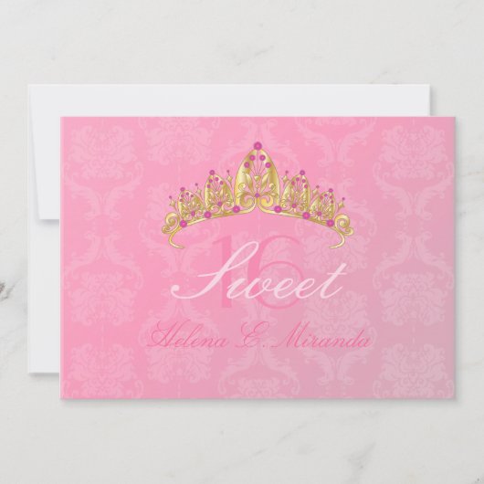 Roze Damask Sweet 16/ tiara/ uitnodigingen (Voorkant)
