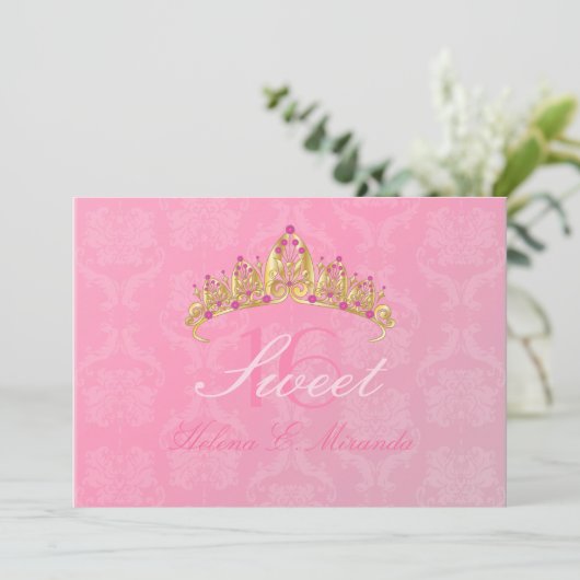 Roze Damask Sweet 16/ tiara/ uitnodigingen (Staand voorkant)