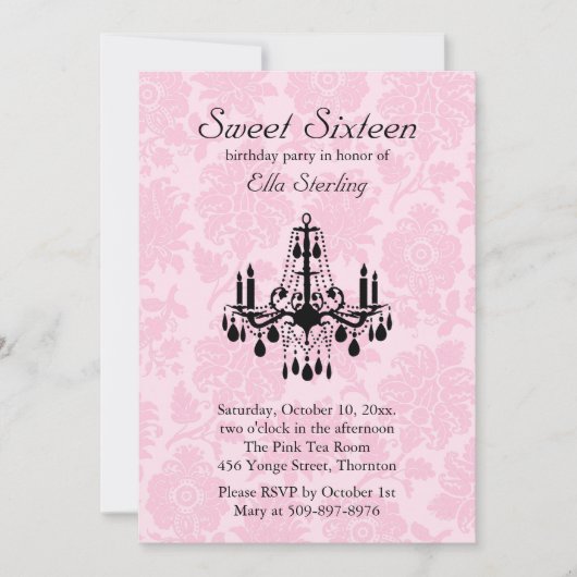 Roze Damask Sweet Sixteen Birthday Uitnodiging (Voorkant)