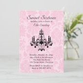 Roze Damask Sweet Sixteen Birthday Uitnodiging (Staand voorkant)