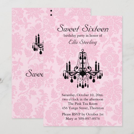 Roze Damask Sweet Sixteen Birthday Uitnodiging (Voorkant / Achterkant)