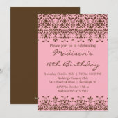 Roze Damask Sweet Sixteen Birthday Uitnodiging (Voorkant / Achterkant)