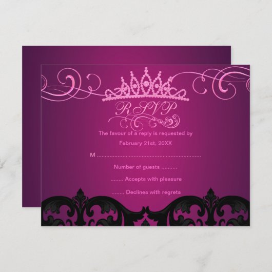Roze Damask & Swirl Verjaardag RSVP-kaart RSVP Kaartje (Voorkant / Achterkant)