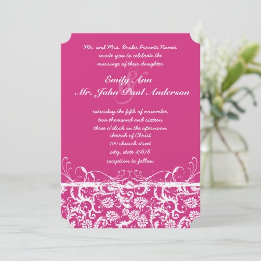 Roze Damask Swirls Wedding Invitation Kaart (Staand voorkant)