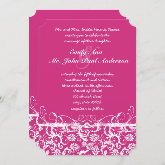 Roze Damask Swirls Wedding Invitation Kaart (Voorkant / Achterkant)