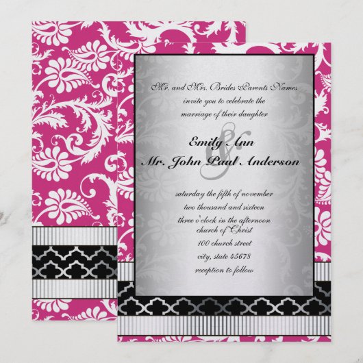 Roze Damask Swirls Wedding Invitation Kaart (Voorkant / Achterkant)