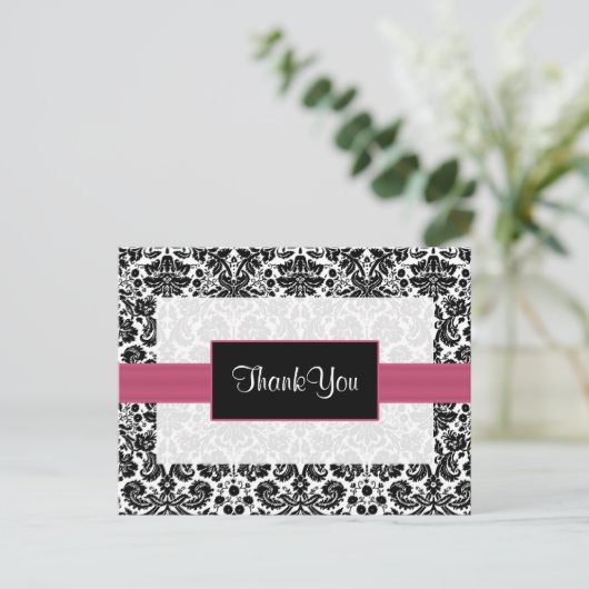 roze damask ThankYou Kaarten (Staand voorkant)