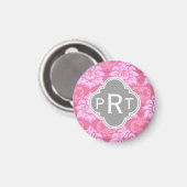 Roze Damask Trio Monogram Magneet (Voorkant / Achterkant)
