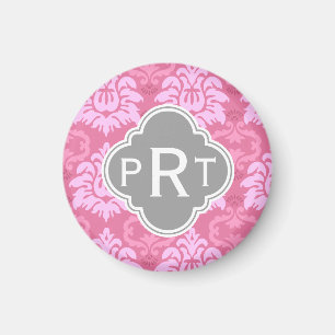 Roze Damask Trio Monogram Magneet