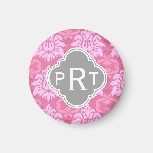Roze Damask Trio Monogram Magneet (Voorkant)