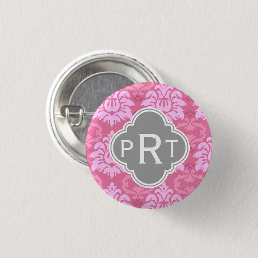 Roze Damask Trio Monogram Ronde Button 3,2 Cm (Voorkant /achterkant)