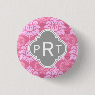 Roze Damask Trio Monogram Ronde Button 3,2 Cm