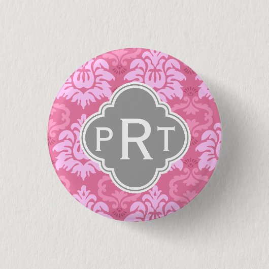 Roze Damask Trio Monogram Ronde Button 3,2 Cm (Voorkant)