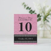 Roze Damask Trouwtafel Nummer Kaart Receptie (Staand voorkant)