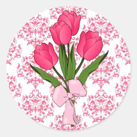 Roze Damask & Tulpen Sticker (Voorkant)