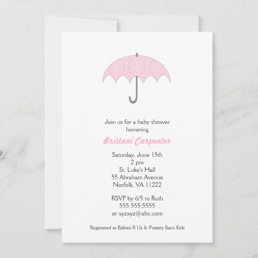 Roze Damask Umbrella Baby shower Invites Kaart (Voorkant)