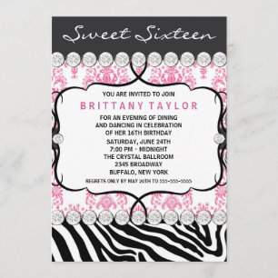 Roze Damask Zebra Sweet Sixteen Birthday Party Kaart