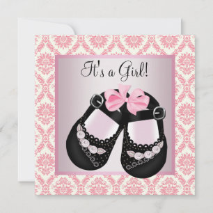 Roze Damask Zwarte Schoenen Roze Damask Baby Girl Kaart