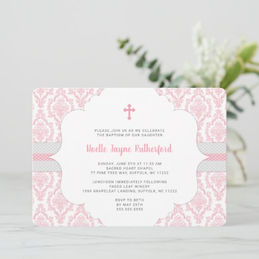 Roze Damaskus Doop of Eerste Communie uitnodiging (Staand voorkant)