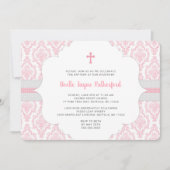 Roze Damaskus Doop of Eerste Communie uitnodiging (Voorkant)