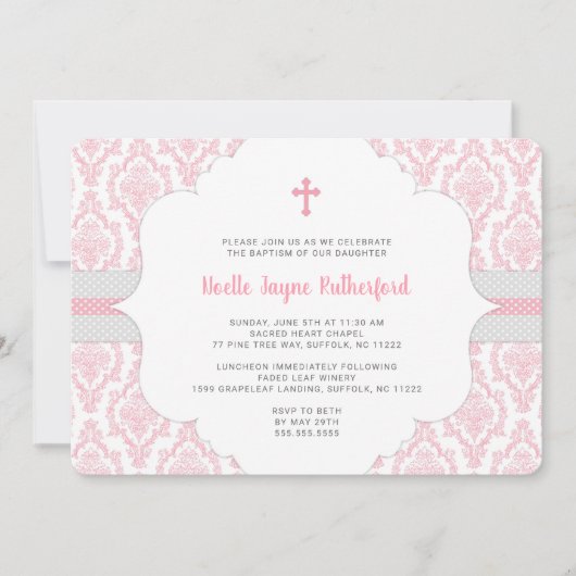 Roze Damaskus Doop of Eerste Communie uitnodiging (Voorkant)