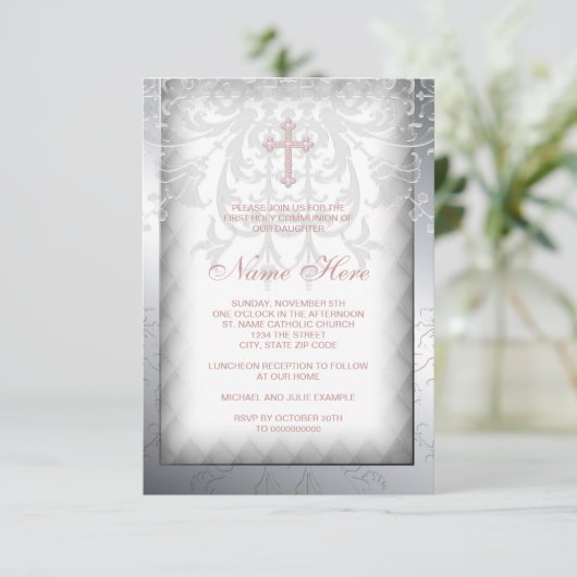Roze Damaskus Kruis Eerste Communie Kaart (Staand voorkant)