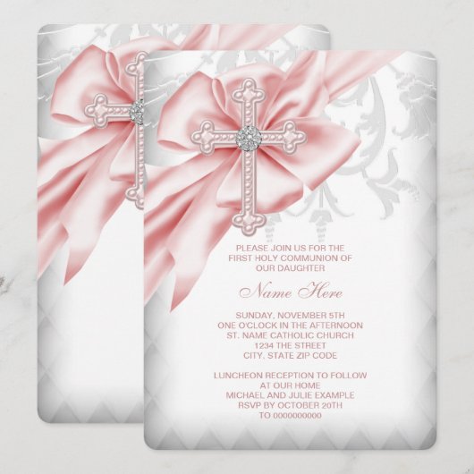 Roze Damaskus Kruis Eerste Communie Kaart (Voorkant / Achterkant)