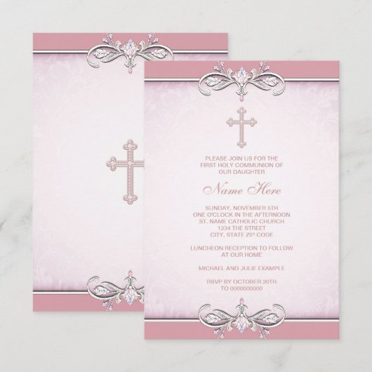 Roze Damaskus Kruis Eerste Communie Kaart (Voorkant / Achterkant)